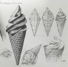 some drawings of ice cream in different shapes and sizes, including one cone with two scoops