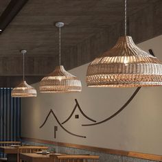 some lights hanging from the ceiling in a room with wooden tables and chairs on it