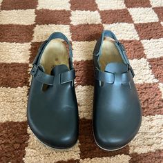 Boston Birkenstocks With Strap In Black Oiled Leather, Worn Once Birkenstock Black, Black Oil, Birkenstock Shoes, Mule Clogs, Mules Shoes, Birkenstock, Clogs, Boston, Women Shoes