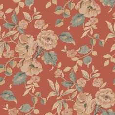 an orange floral wallpaper with green leaves and pink flowers on it's red background