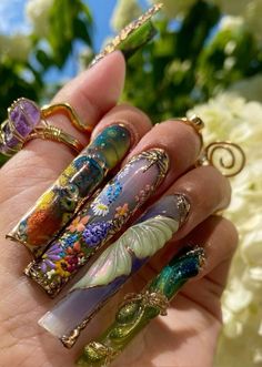 Fairy Nail Inspiration, Stained Glass Acrylic Nails, Birthday Nails Stiletto Long, 4d Nail Art Design, Earthy Acrylic Nails, Butterfly Charm Nails, River Nails, Broken Glass Nails, Eccentric Nails