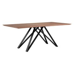 a wooden table with black metal legs and a rectangular shaped dining table in the middle