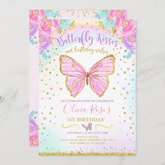 a pink and gold butterfly baby shower card