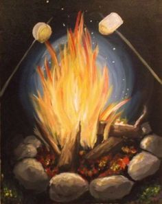 an oil painting of a campfire with two torches