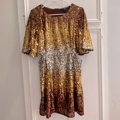 Obsessed With This Brown And Gold Ombr Sequin Dress With Side Cut Outs. It Is So Fabulous For A Holiday Party Or New Year’s Eve!! French Connection Dress, Ombre Dress, Side Cuts, French Connection, New Year’s Eve, Brown Gold, Sequin Dress, Holiday Parties, Size 10