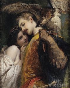 a painting of two people embracing each other with a bird perched on their shoulders