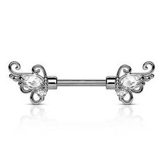 a pair of silver nose piercings with clear crystal stones on each end and an intricate design