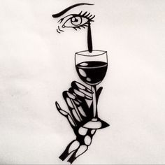 a drawing of a person holding a wine glass with an eye on it's side