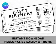 two tickets with the words happy birthday and helicopter ride on them, sitting next to each other