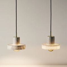 two pendant lights are hanging from the ceiling