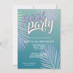 a tropical themed birthday party with palm leaves and the words pool party written on it