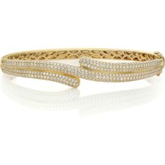 Prance in the parade of perfection with the Yellow Gold Overlapping Diamond Bangle by Roman & Jules! This exquisite 18K yellow gold bangle is not just a piece of jewelry; it's a work of art that will elevate your style game to a whole new level.Picture this: an elegant, overlapping design that gracefully encircles your wrist, making a bold statement wherever you go. What makes it truly irresistible? The shimmering allure of round cut white diamonds, totaling a dazzling 2.59 carats, meticulously pave-set along the front of the band. Each diamond catches the light and reflects its brilliance, ensuring you'll be the center of attention at any event.But it's not just about the diamonds; it's about the details. This bangle boasts a generous length of 67.00 mm and a width of 58.00 mm, ensuring i Overlapping Design, White Diamond Jewelry, Yellow Gold Bangle, Gold Bangle, Diamond Bangle, Picture This, Design Collection, White Diamonds, Gold Bangles