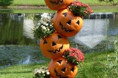 three pumpkins are stacked on top of each other in front of a pond with flowers