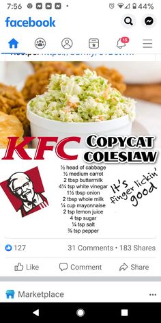 the facebook page for kfc copycat coleslaw