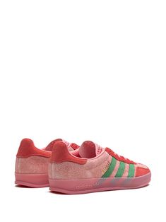 "Find ADIDAS Gazelle Indoor \"semi Spark/preloved Scarlet\" Sneakers on Editorialist. pink/green/scarlet suede signature 3-Stripes logo logo patch at the tongue front lace-up fastening round toe flat rubber sole leather lining These styles are supplied by a premium and authenticated sneaker marketplace. Stocking only the most sought-after footwear, they source and curate some of the most hard to find sneakers from around the world." Adidas Gazelle Indoor, Preppy Shoes, Sneakers Pink, Loafer Mules, Demi Fine Jewelry, Fine Watches, Van Cleef Arpels, Summer Beach Wear, Adidas Gazelle