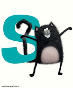 the letter s is for black cat with white paws and tail, standing on its hind legs