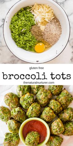 broccoli tots with sauce in a white bowl and on a marble counter top