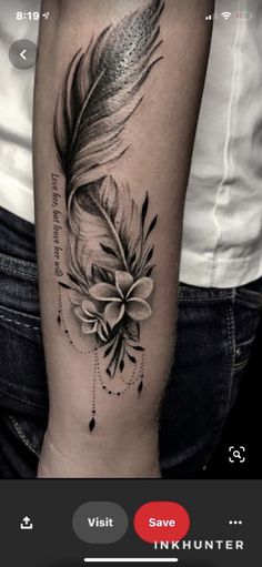 a black and white photo of a feather with flowers on its arm, next to the words visit save