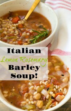 italian lemon rosemary barley soup in a white bowl