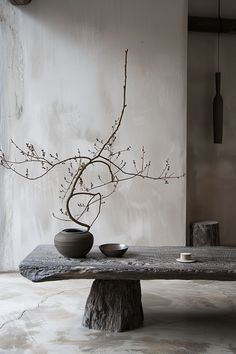 a table with two bowls on it and a tree branch in the middle, against a white wall