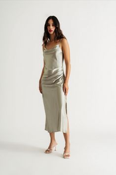 Charm Me Sage Satin Cowl Neck Midi Dress Satin Ruched Cowl Neck Dress, Chic Ruched Draped Slip Dress, Chic Draped Ruched Slip Dress, Midi-length Ruched Satin Slip Dress, Satin Ruched Dress With Cowl Back, Satin Ruched Midi Slip Dress, Ruched Satin Midi Slip Dress, Ruched Satin Dress With Cowl Back, Elegant Midi Dress With Spaghetti Straps And Ruched Sides