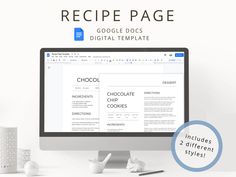 the recipe page for google docs is displayed in front of a computer screen and coffee mug