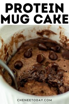 chocolate protein mug cake in a white bowl