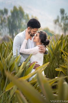 a man and woman embracing each other in the middle of some plants with mountains in the background