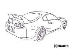 a drawing of a sports car with the hood up and its hood down, on a white