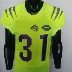 a mannequin wearing a neon green football jersey