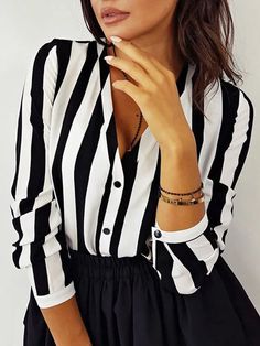 Portrait of a picture displaying Women’s Striped Shirt product. Ladies Office, Striped Shirt Women, Fashion Tops Blouse, Casual Stripes, Grunge Style, Shirts Blouses, Casual Blouse, Striped Blouse, Autumn Fall