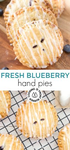 fresh blueberry hand pies on a cooling rack with the title text above it