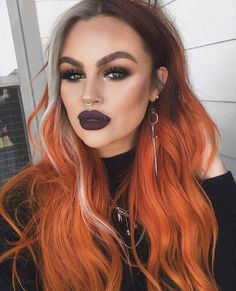 Red Purple Hair With Highlights, Fall Hair Split Dye, Bright Fall Hair Color Ideas, Spooky Hair Color Ideas, Fall Themed Hair Color, Fall Split Dye Hair, Funky Fall Hair Color, Halloween Colored Hair, Quadrant Hair Color