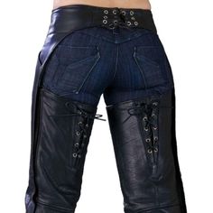 Black Premium Bootcut Leather Chaps with Side Snaps A perfect addition to your Leather wardrobe. These fine qulaity Leather Motorcycle Over Pants with bottom Snap Closure made of premium high grade cowhide leather, are meant to be worn over the pants. They feature jean style pocket design; unfinished hems, they are fully lined so the leather does not stain the pants and belts for adjustable waist size. Act now buy a pair and save big, while supplies last. This item is only available here at the Leather Wardrobe, Leather Trousers Women, Mens Leather Shirt, Leather Chaps, Mens Leather Pants, Leather Store, Leather Jeans, Leather Shirt, Lady Biker