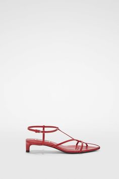 High Sandals - Sandals Adjustable Leather T-strap Huarache Sandals, Red Ankle Strap T-strap Sandals For Spring, Adjustable Open Heel T-strap Leather Sandals, Red T-strap Sandals With Ankle Strap, Red Strappy Sandals With 4-inch Heel, High Sandals, Leather Heels Sandals, Ankle Straps, Low Heels