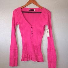 Pink Long Sleeve V-Neck Shirt Vintage Long Sleeve Shirts, Thrift Board, Vampire Diary, 2000s Tops, Clothing Board, 2000s Clothes, Hot Pink Tops, Henley Long Sleeve, Y2k Long Sleeve