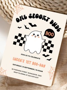 a halloween party card with a ghost on it