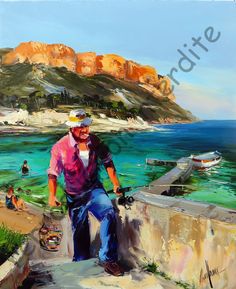 a painting of a man sitting on a wall near the ocean