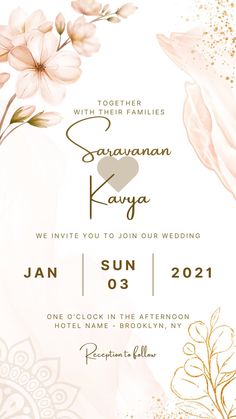 an elegant wedding card with flowers and leaves