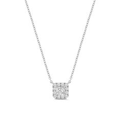 If you need a diamond necklace with a more feminine vibe, this is the one. This white gold necklace features a princess-cut diamond framed by a rounded square halo of round diamonds. Count on this piece to add a little pop of twinkly chic to your looks. White Gold Necklace, Diamond Frame, Rounded Square, Gold Diamond Necklace, White Gold Necklaces, Princess Cut Diamonds, Lab Created Diamonds, Princess Cut, Round Diamonds