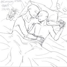 a drawing of two people laying in bed with one holding the other's head