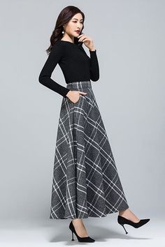 Feminine wool maxi skirt From Xiaolizi handmade studio #woolskirt#fallfashion#falloutfit##vintagelady#xiaolizihandmade#ruthnmathise #xiaolizi Floral Maxi Skirt Outfit, Realistic Outfits, Wool Maxi Skirt, Feminine Clothes, Plaid Wool Skirt, Tailored Clothes, Maxi Skirt Outfits, Ankle Length Skirt, Floral Dress Casual