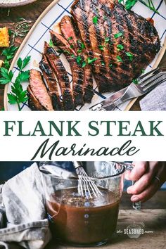 flank steak with marinade sauce on a plate