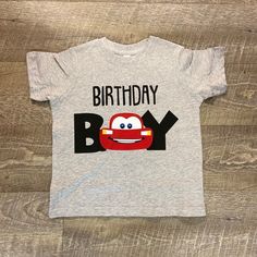 Lightning McQueen Birthday Boy This item is for (1) grey tshirt with black and red vinyl lettering on front.  Available Sizes 2T 3T 4T I handmake each tshirt, no two will be exactly the same, please allow 3-7 days for production. Please email me with any questions.  Want to see more, check us out on Facebook at http://www.facebook.com/williamandwesley Thank you for shopping! Lightening Mcqueen 3rd Bday, Birthday Cars Theme, Birthday Boy Tshirt, 4th Birthday Party For Boys, Lightning Mcqueen Birthday, Mcqueen Birthday, Flash Mcqueen, Cars Lightning Mcqueen, Car Birthday Theme