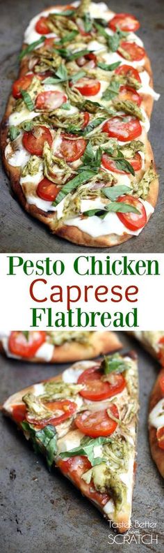 two slices of pesto chicken caprese flatbread pizza