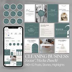 the cleaning business social media bundle is displayed next to an iphone and other items on display