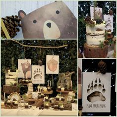 a collage of photos with bear and bear tracks on them, pine cones, bears paw prints