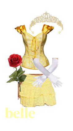 a yellow corset with white gloves and a red rose on the left side