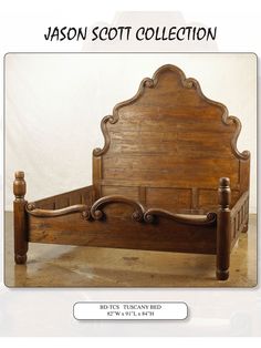 a wooden bed frame with an ornate headboard and foot board on the bottom side