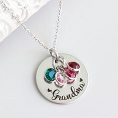 Whether you're looking for a gift for Mother's Day, a birthday, or just because, this necklace is the perfect way to show your grandma how much you care. You can also add birthstones as the family grows! At HeartfeltTokens, our customized jewelry is expertly engraved and made with high-quality stainless steel to ensure a timeless design that won't fade over time. All of our items are 100% designed, engraved, and shipped to you from our home studio in Florida, so I thank you for supporting our sm Personalized Birthstone Necklace For Mom For Valentine's Day, Nickel-free Jewelry For May Birthstone Birthday, Personalized Birthstone Necklace For Valentine's Day Gift, Personalized Birthstone Necklace For Mom On Valentine's Day, Silver Necklace For Birthday With May Birthstone, Silver Birthday Necklaces With May Birthstone, Silver Necklace With May Birthstone For Birthday, Silver Necklace With May Birthstone, Sterling Silver Birthstone Name Necklace For Mother's Day